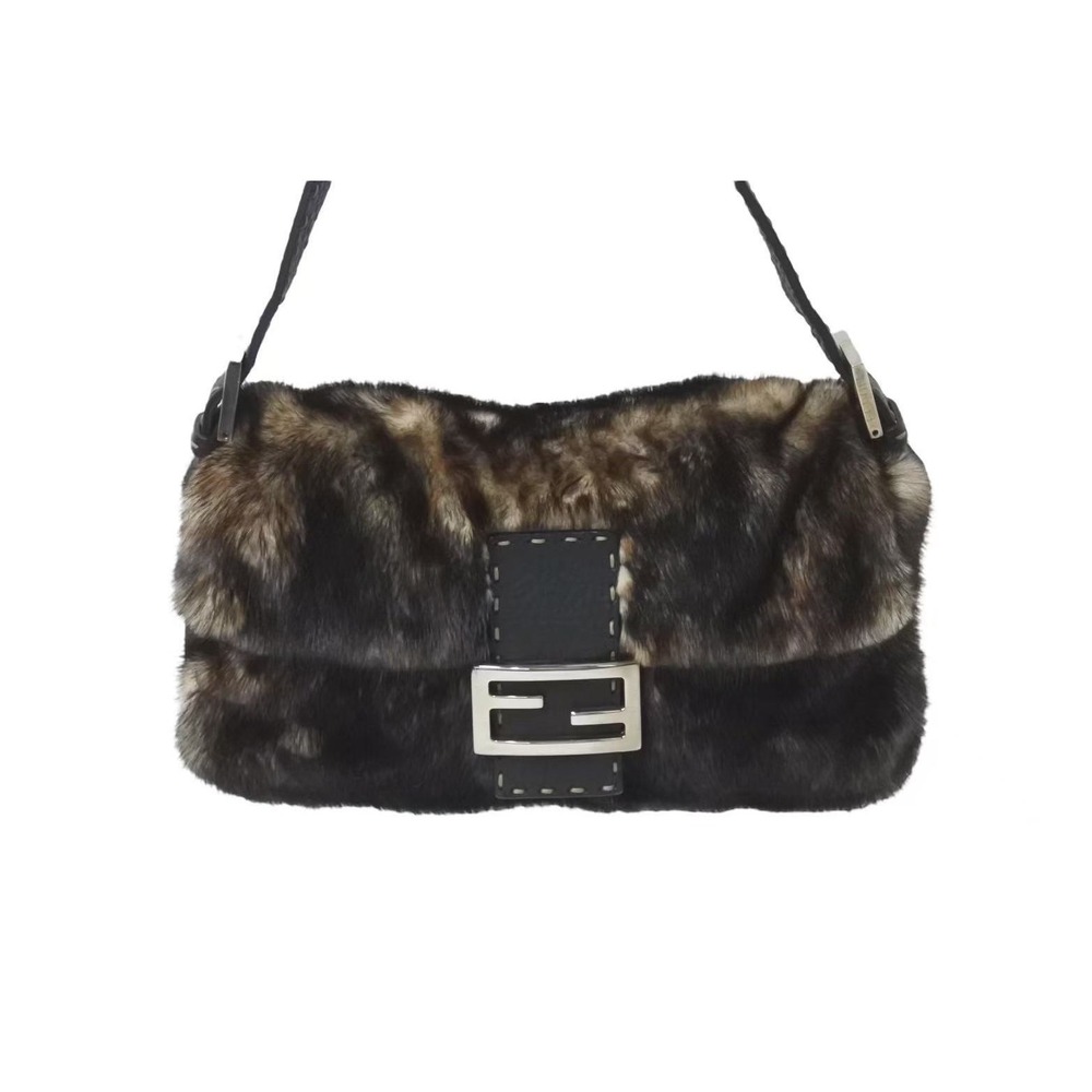 Fendi Shoulder black Selleria leather Mamma brown One Bucket Hobo bag mink